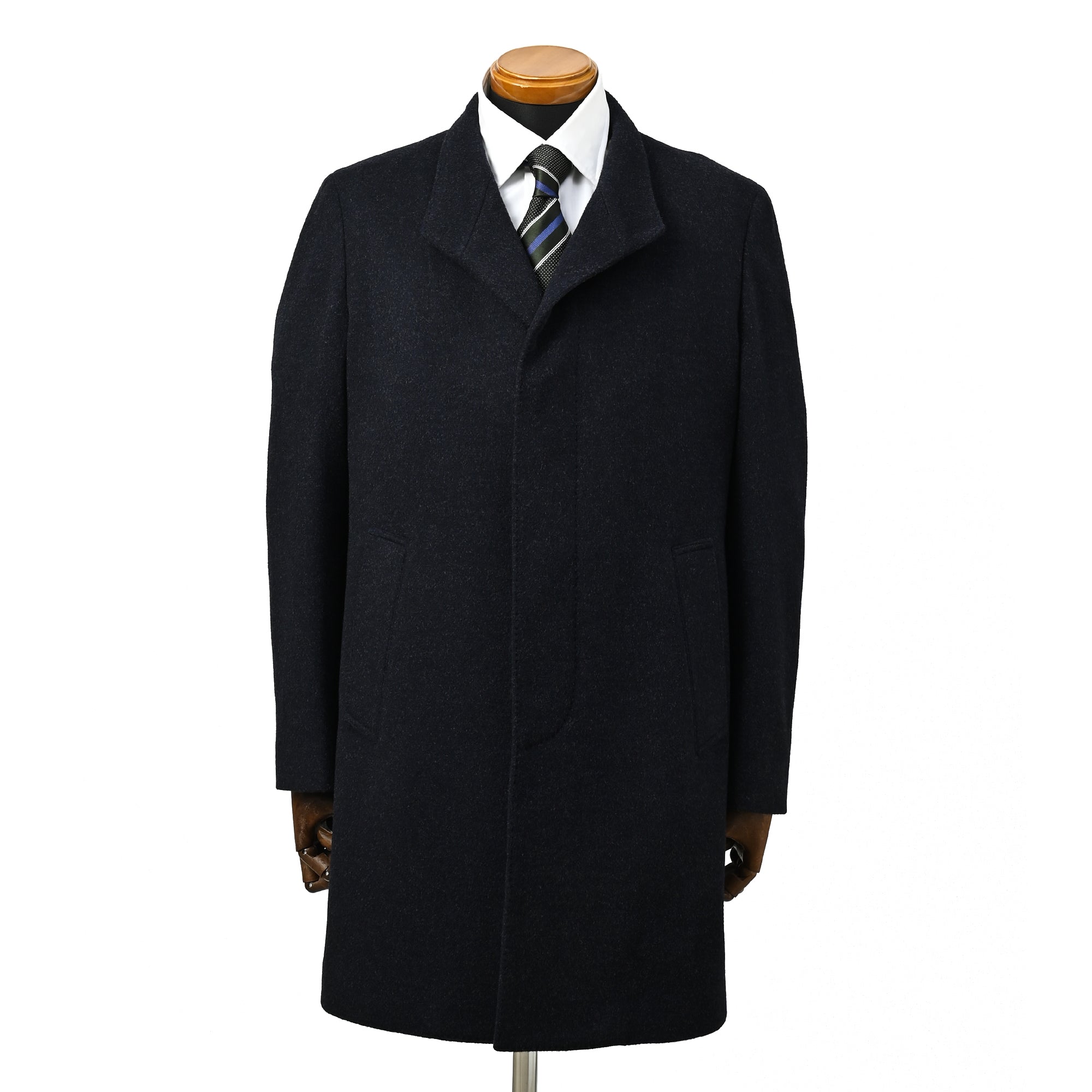 ウールカシミヤブレンド Super120'S スタンドカラーコート ダーク