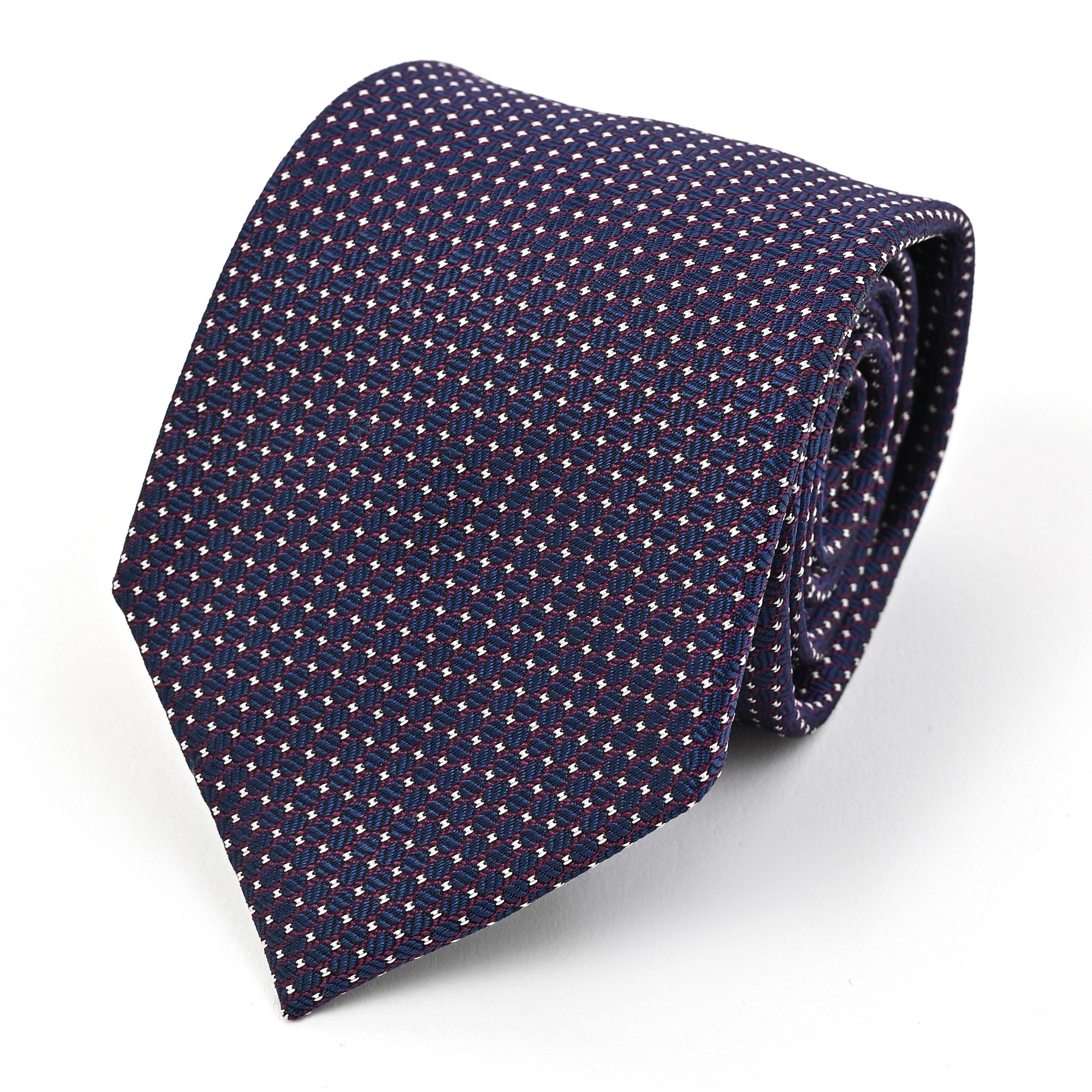小紋柄 シルク ネクタイ / ネイビー ボルドーレッドドット