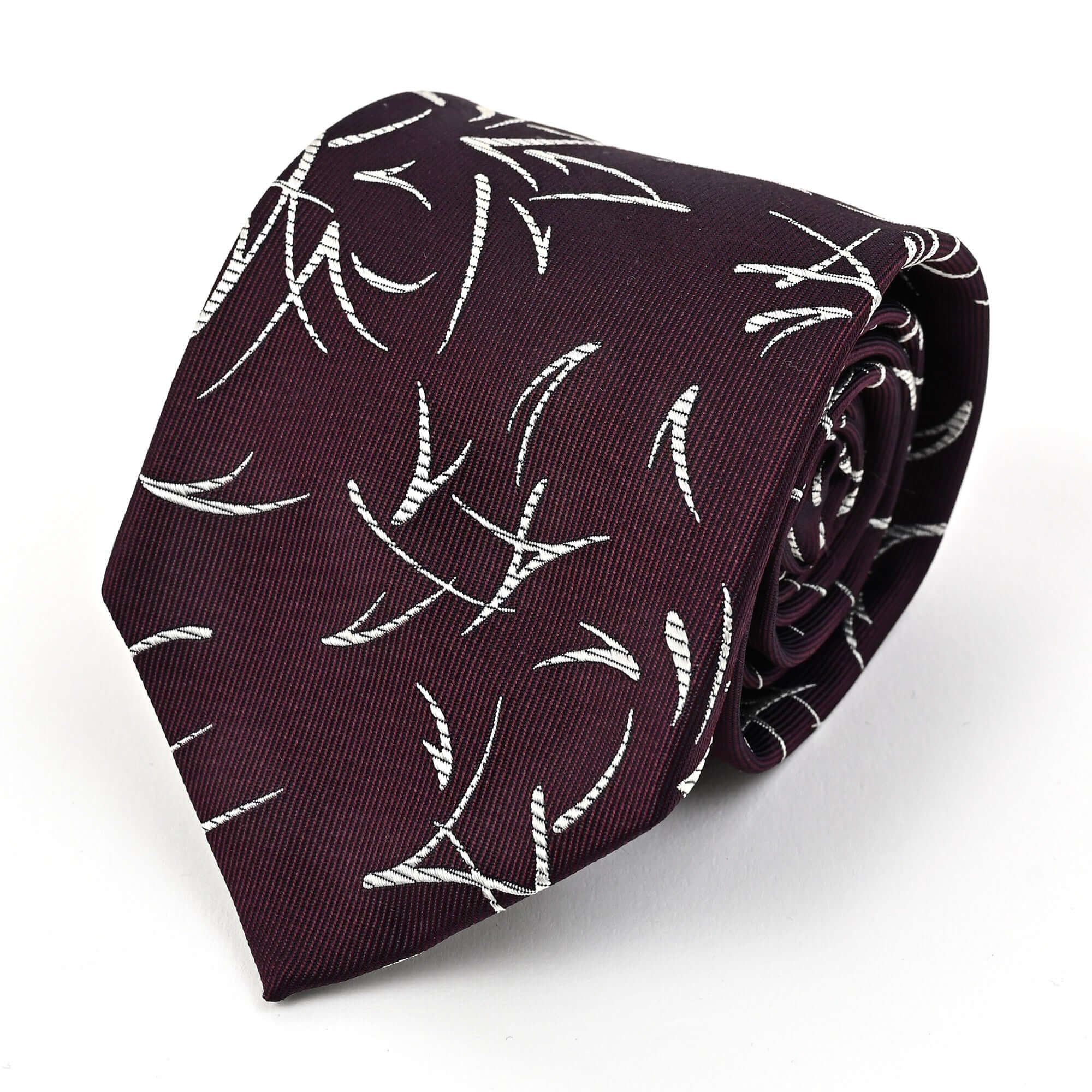 デザイン柄 シルク ネクタイワインレッド リーフモチーフ
