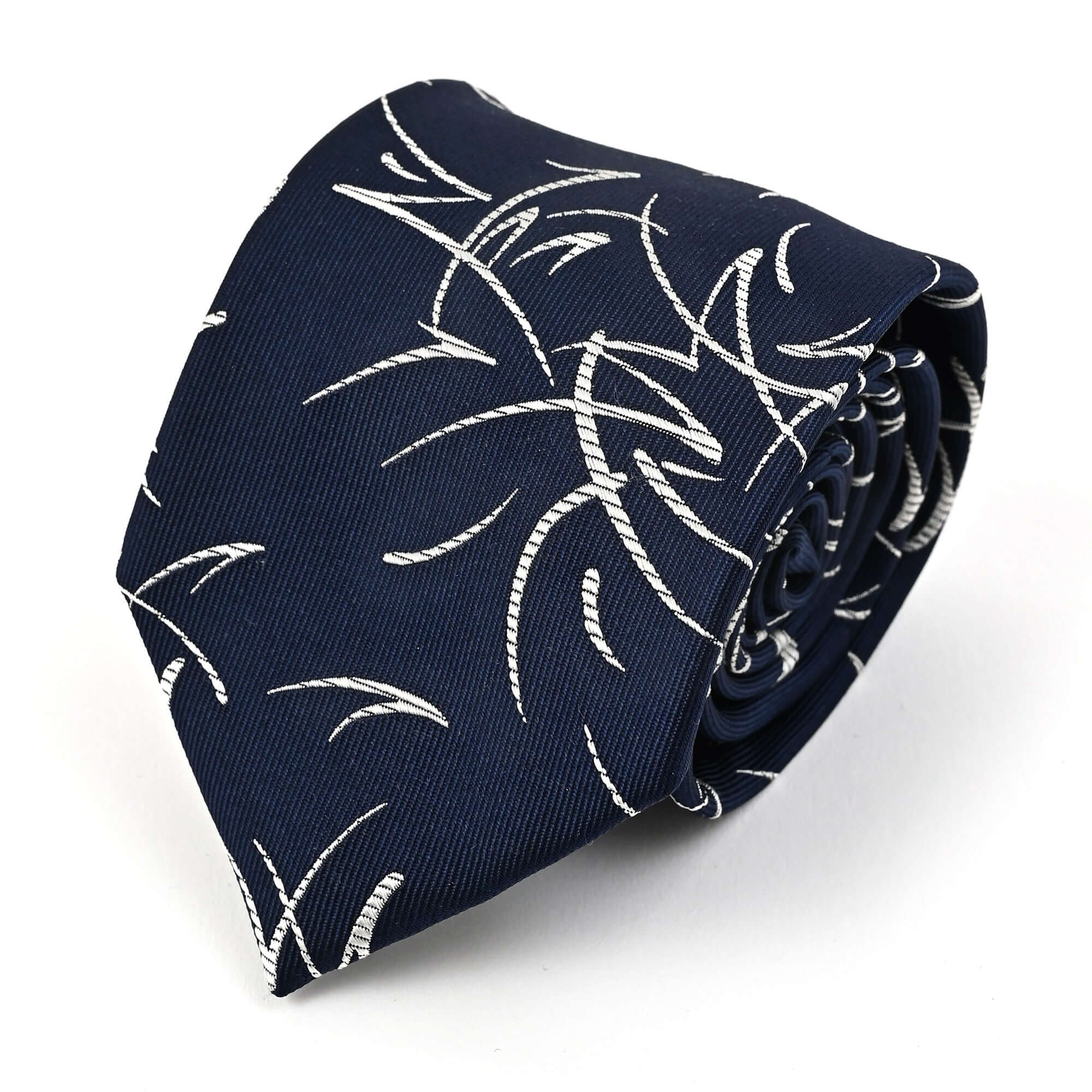 デザイン柄 シルク ネクタイネイビー リーフモチーフ