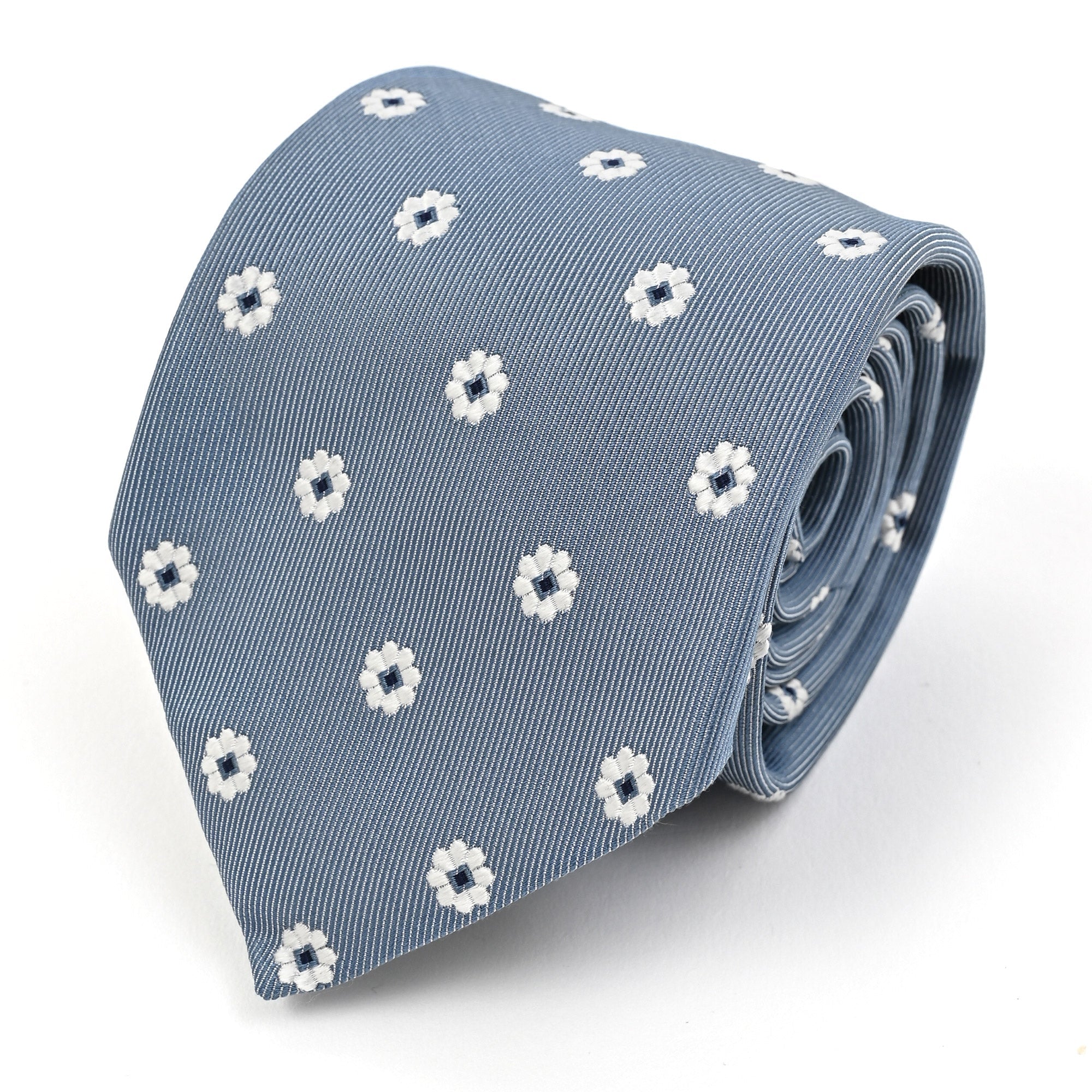 小紋柄 シルク ネクタイ / サックスブルー ホワイトフラワー