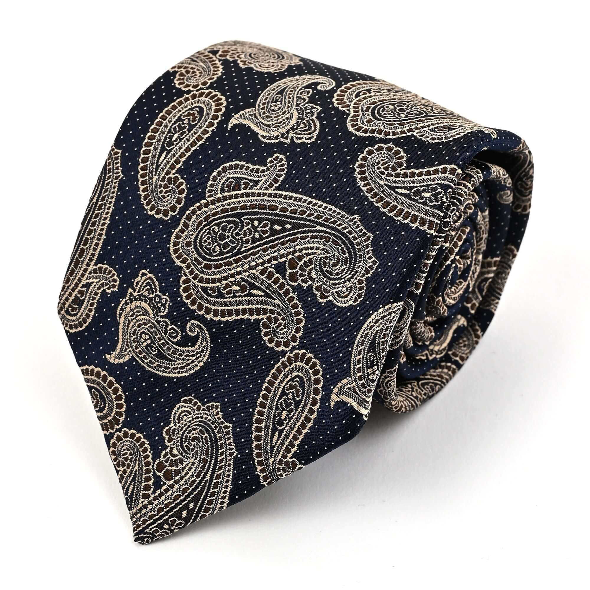 ペイズリー シルク ネクタイネイビー ゴールドドット