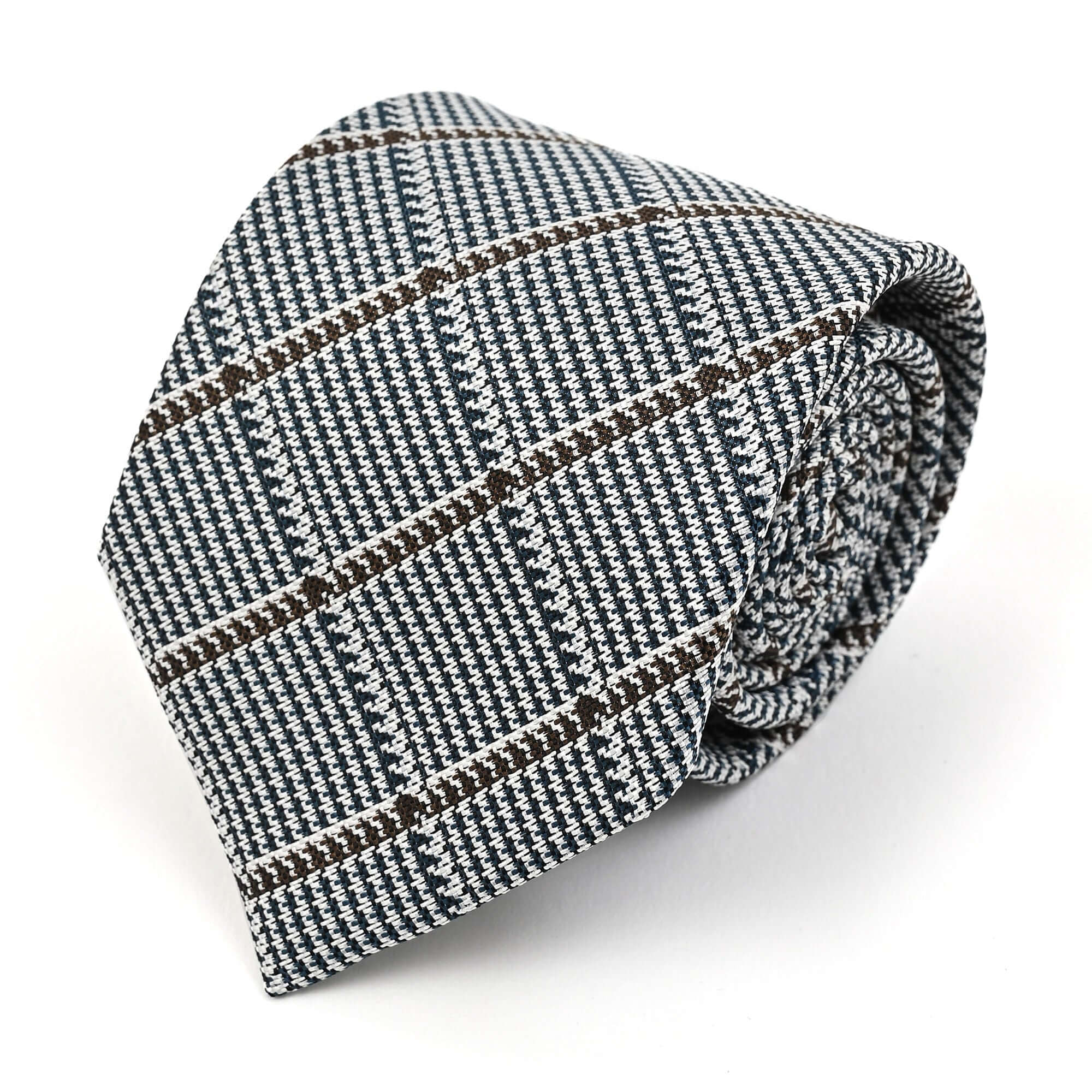 チェック柄 シルク ネクタイブルー ブラウンライン