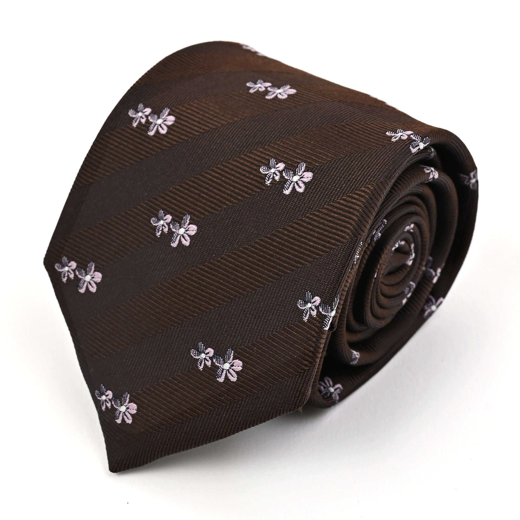 フラワー柄 シルク ネクタイブラウン ピンクフラワー