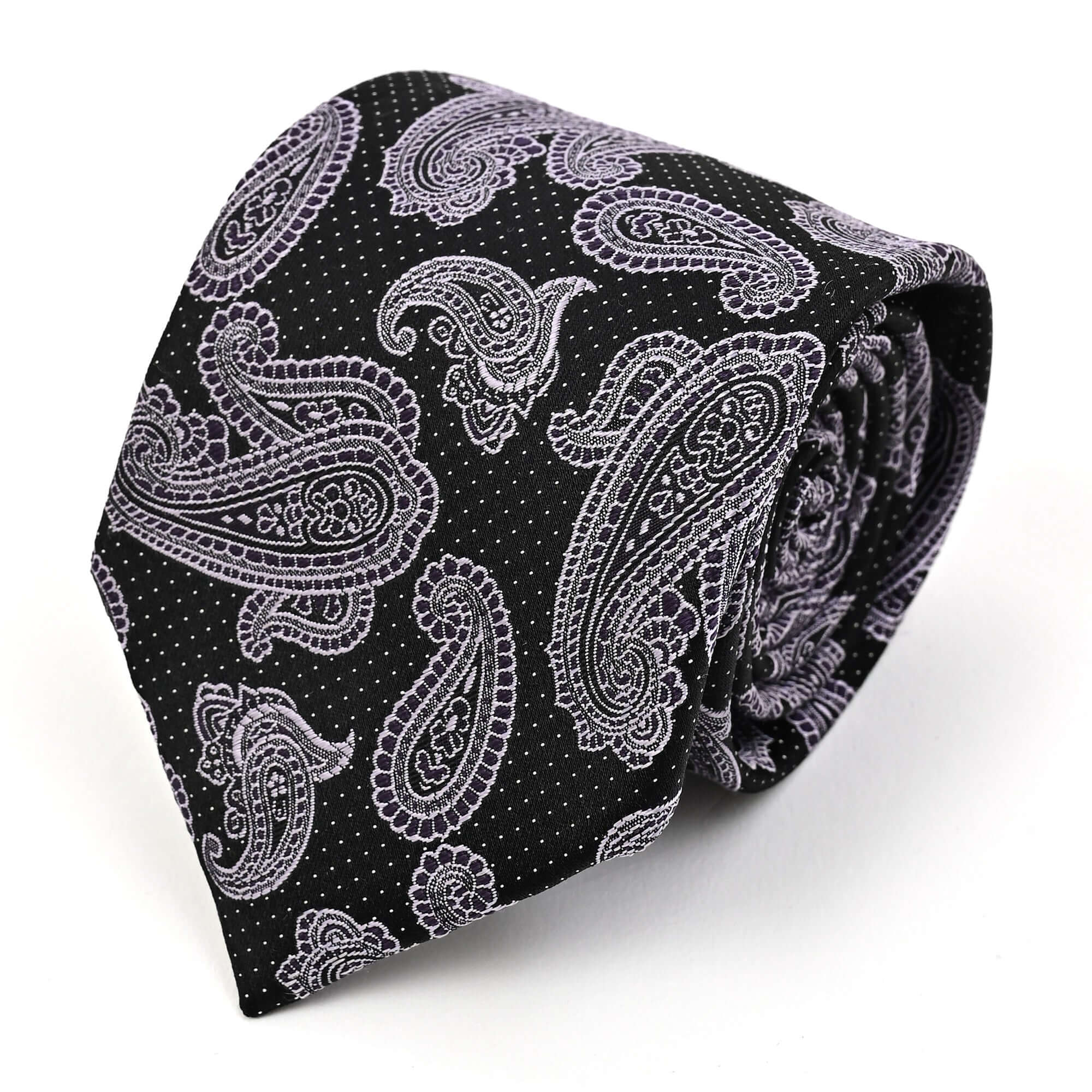 ペイズリー シルク ネクタイブラック パープルドット