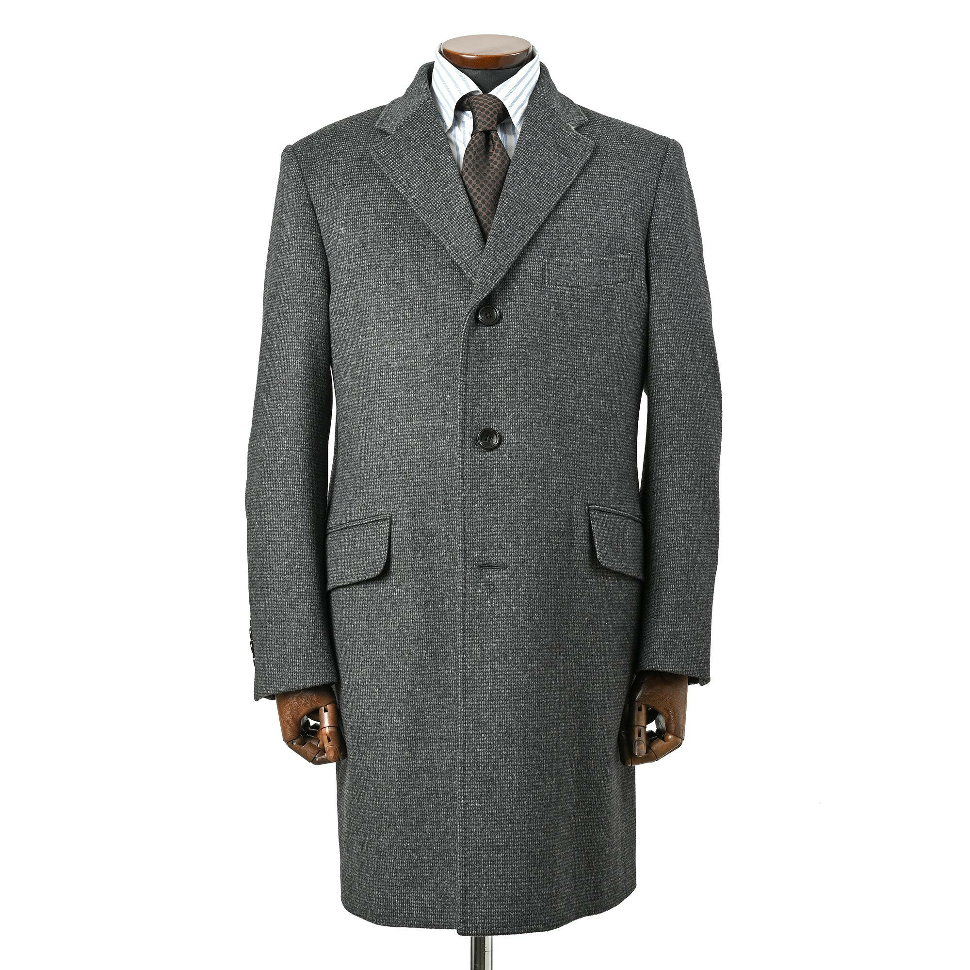 EDWARD'S - SUPER120'S ウール アンゴラ チェスターフィールドコート マイクロチェック / ミディアムグレー /S,M,L,LL,XL.